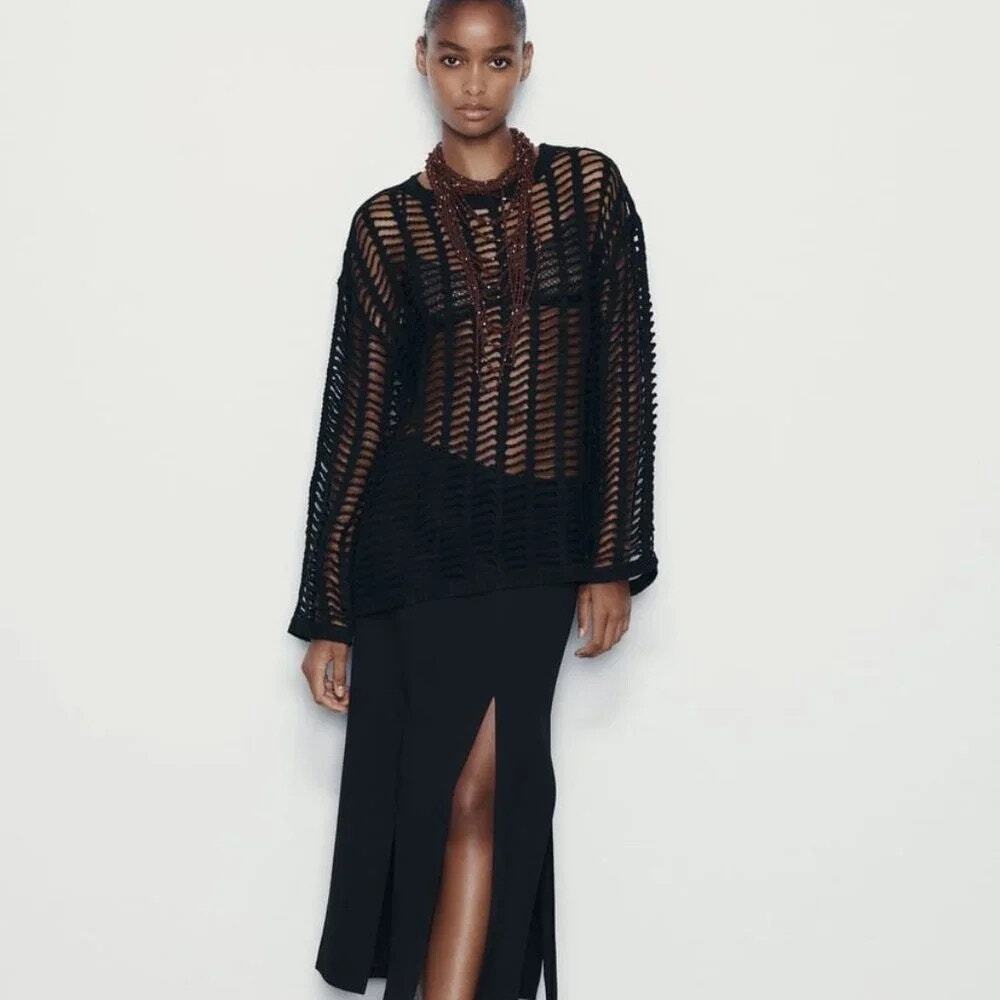 Zara Black Crochet Open Knit Sweater - Size Medium